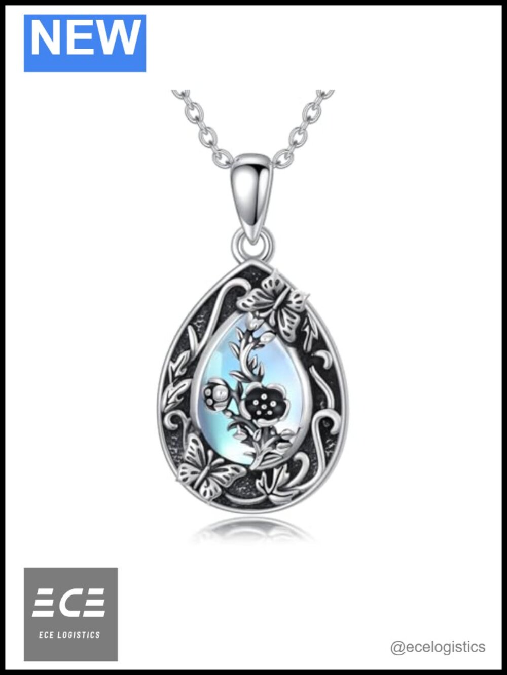 S925 Sterling Silver Birth Flower Necklace Moonstone Teardrop Pendant Women